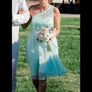 David’s Bridal mint one shoulder bridesmaids dress